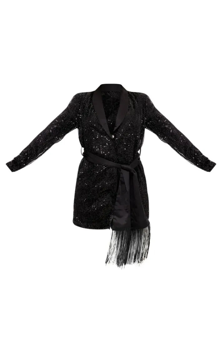 Black Sequin Tassel Tie Detail Blazer Dress