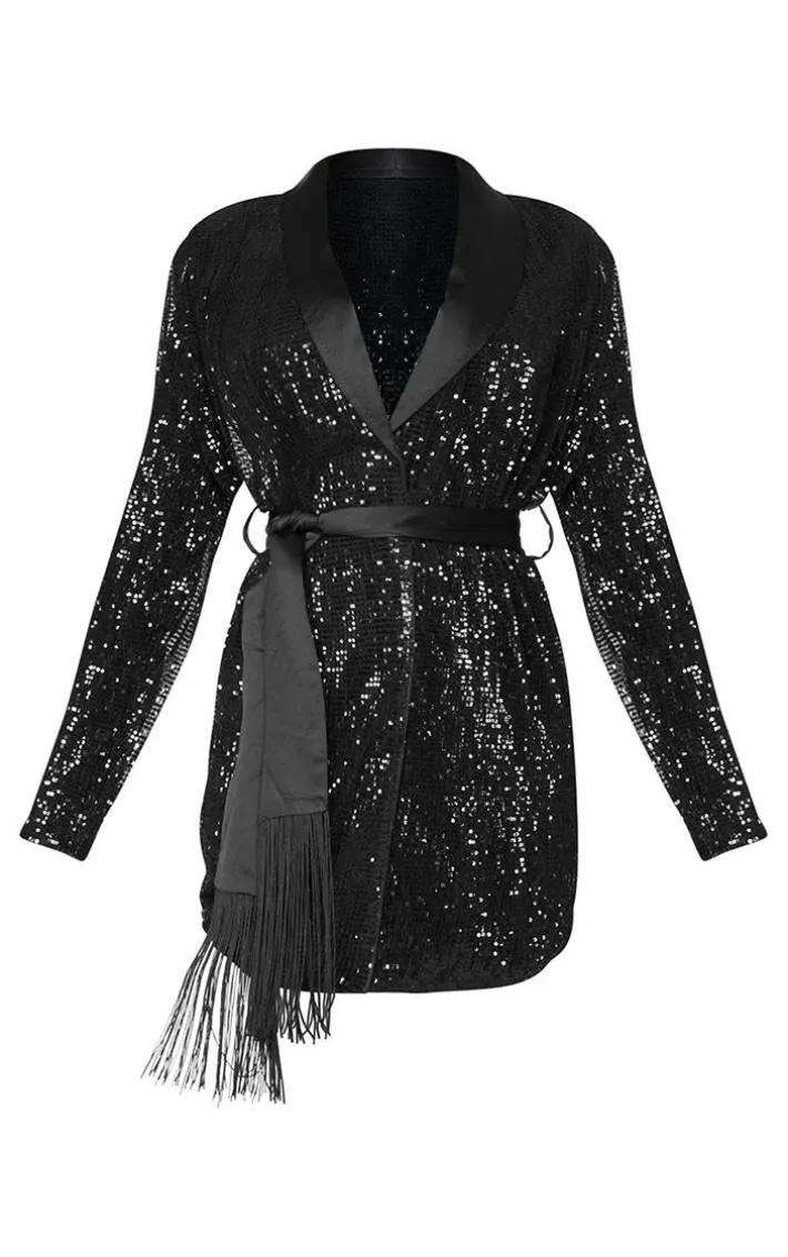 Black Sequin Tassel Tie Detail Blazer Dress