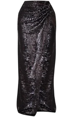 Black Sequin Twist Front Extreme Split Midaxi Skirt