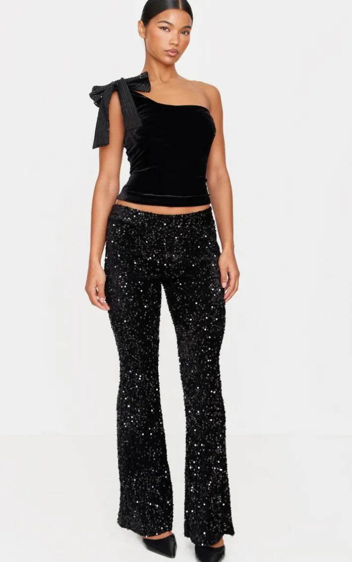 Black Sequin Velvet Flared Pants