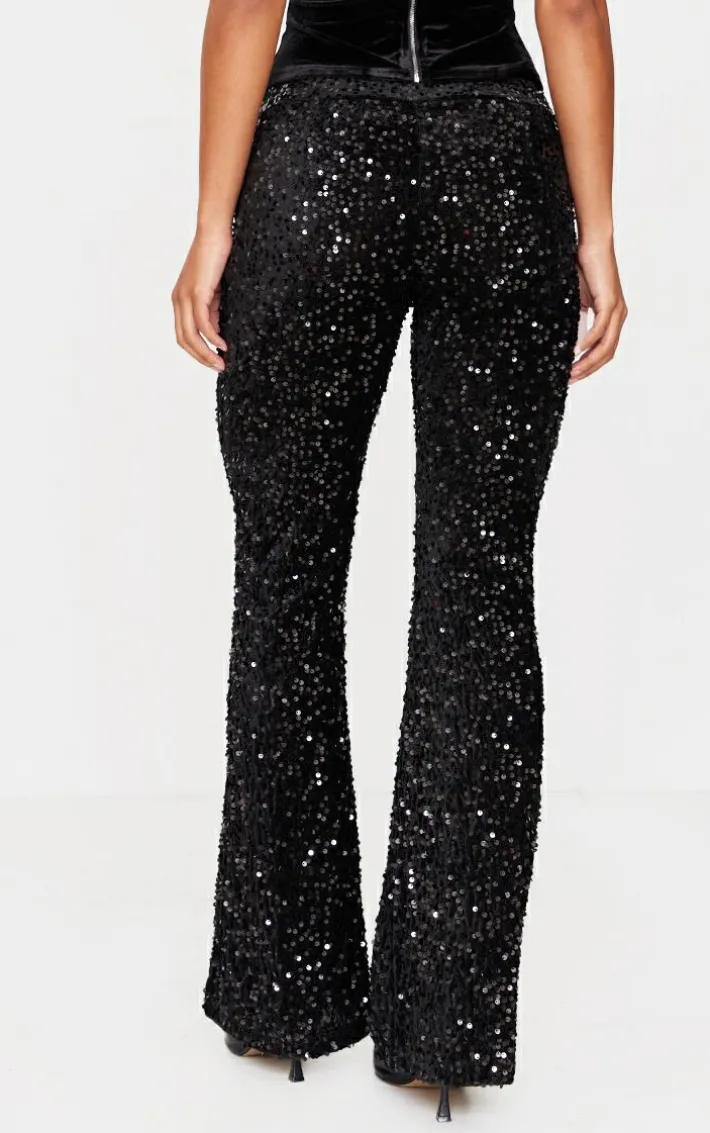 Black Sequin Velvet Flared Pants