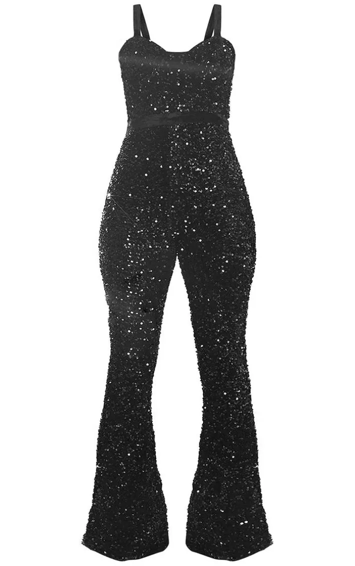 Black Sequin Velvet Waistband Strappy Jumpsuit