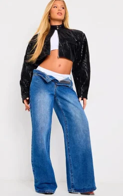 Black Sheen Look Panelled Cropped Biker Jacket