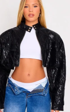 Black Sheen Look Panelled Cropped Biker Jacket