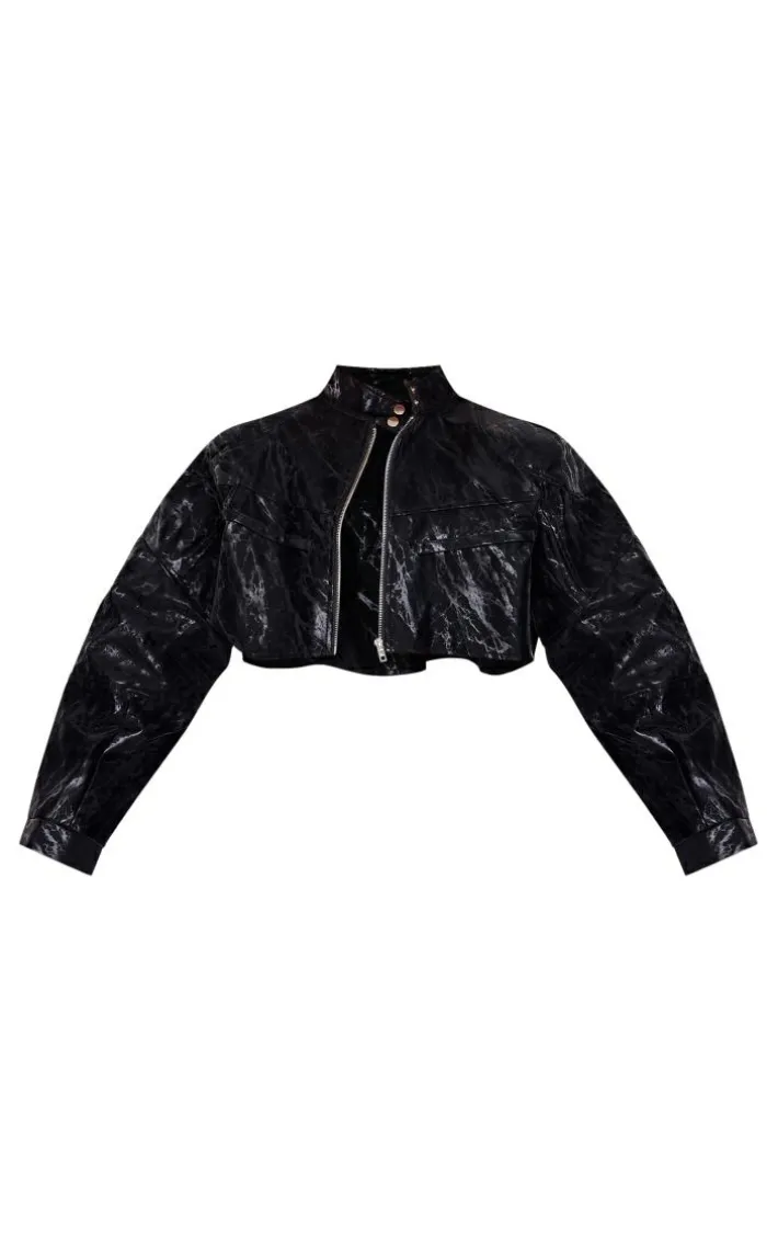 Black Sheen Look Panelled Cropped Biker Jacket