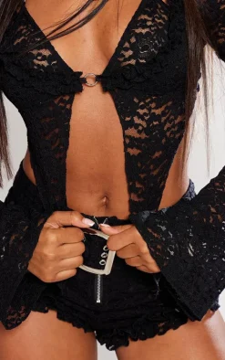 Black Sheer Broderie Lace Halterneck Crop Top