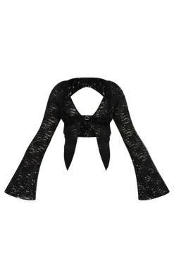 Black Sheer Broderie Lace Halterneck Crop Top