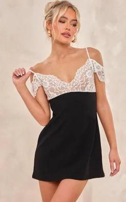 Black Sheer Contrast Lace Stretch Woven Mini Dress