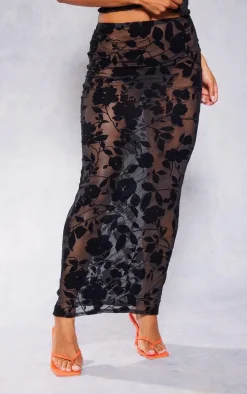 Black Sheer Floral Devore Low Rise Midaxi Skirt