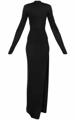 Black Sheer Knit High Neck Maxi Dress