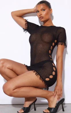 Black Sheer Knit Raw Edge Mini Dress