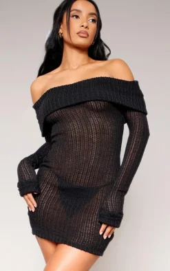 Black Sheer Rib Fold Over Bardot Bodycon Dress