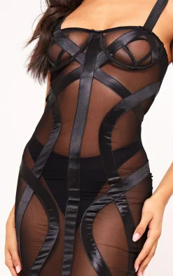 Black Sheer Satin Cupped Detail Midi Dress