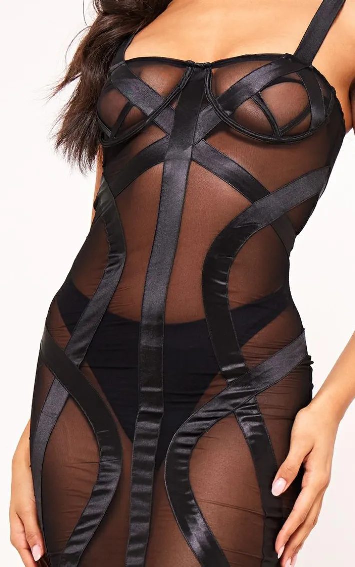 Black Sheer Satin Cupped Detail Midi Dress