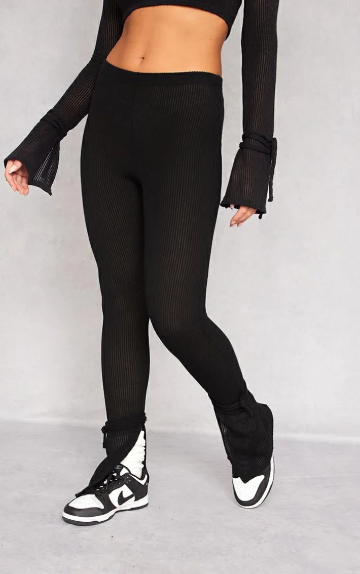 Black Sheer Soft Rib Split Hem Tie Detail Leggings