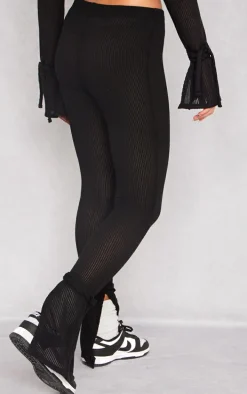 Black Sheer Soft Rib Split Hem Tie Detail Leggings