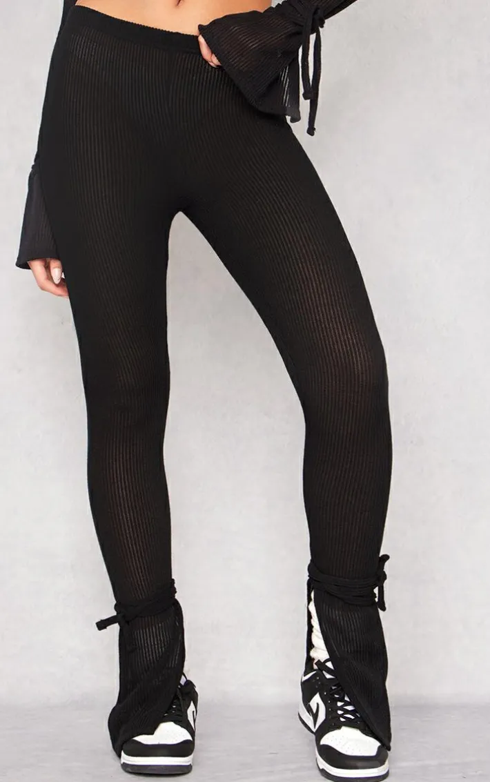 Black Sheer Soft Rib Split Hem Tie Detail Leggings