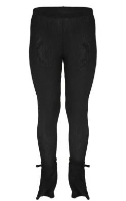 Black Sheer Soft Rib Split Hem Tie Detail Leggings