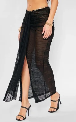 Black Sheer Textured Drape Front Maxi Skirt