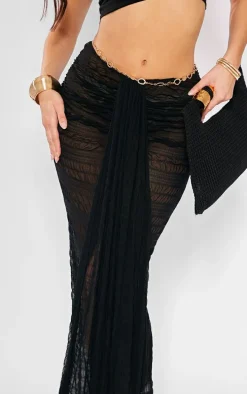 Black Sheer Textured Drape Front Maxi Skirt