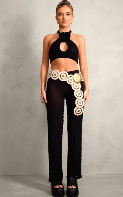 Black Sheer Textured Jersey Straight Leg Pants