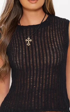 Black Sheer Textured Knit Racer Neck Top