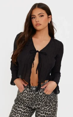 Black Sheer Textured Tie Front Blouse