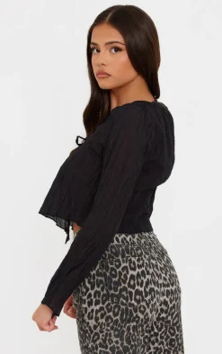 Black Sheer Textured Tie Front Blouse