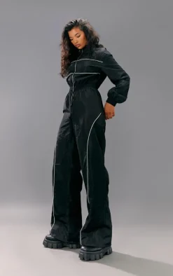 Black Shell Panelling Zip Detail Jumpsuit