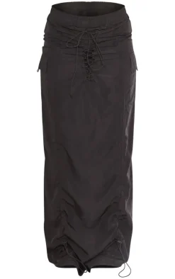 Black Shell Ruched Front Toggle Detail Cargo Maxi Skirt