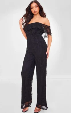 Black Shimmer Floral Lace Bardot Jumpsuit