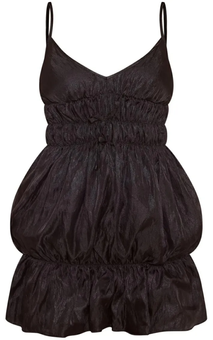 Black Shiny Elasticated Frill Strappy Shift Dress