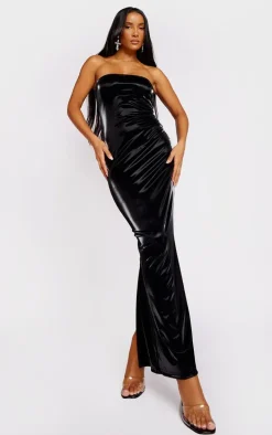 Black Shiny PU Bandeau Midaxi Dress