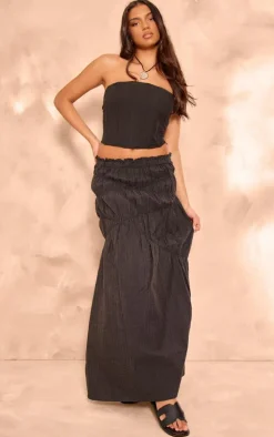 Black Shirred Detail Crinkle Woven Maxi Skirt