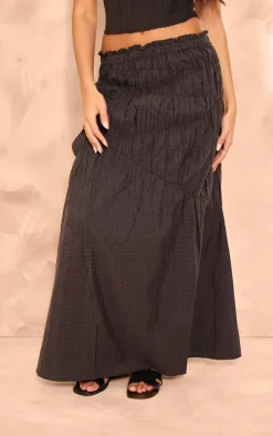 Black Shirred Detail Crinkle Woven Maxi Skirt