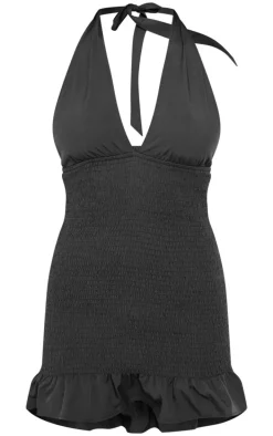 Black Shirred Halterneck Bodycon Dress