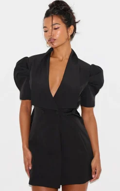 Black Short Sleeve Bow Back Blazer Dress