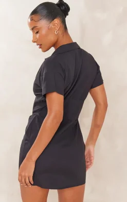 Black Short Sleeve Fitted Waist Linen Look Shirt Dress