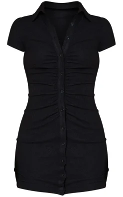 Black Short Sleeve Ruched Brushed Rib Shirt Dress