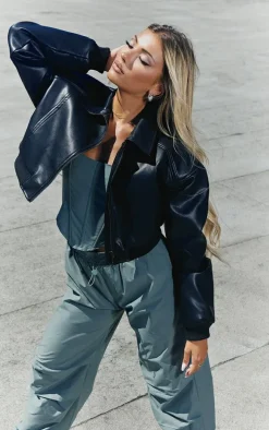 Black Shoulder Padded Cropped Bomber Jacket