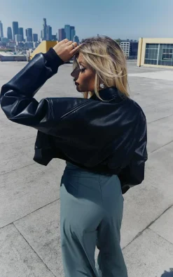 Black Shoulder Padded Cropped Bomber Jacket