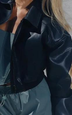 Black Shoulder Padded Cropped Bomber Jacket