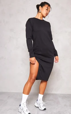Black Side Split Oversized Midi Sweatshirt Dress