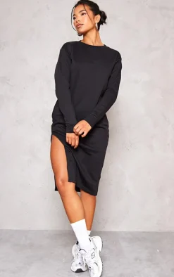Black Side Split Oversized Midi Sweatshirt Dress
