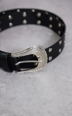 Black Silver Stud Western Buckle Waist Belt