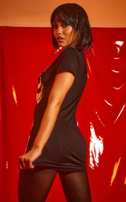 Black Skeleton Holographic Print T-shirt Dress