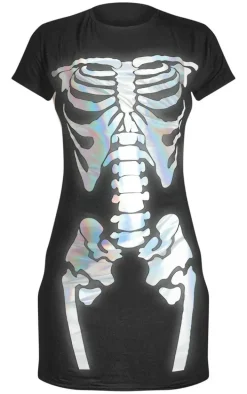 Black Skeleton Holographic Print T-shirt Dress