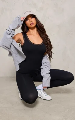 Black Sleeveless Lace Trim Contour Short Sleeve Jumpsuit