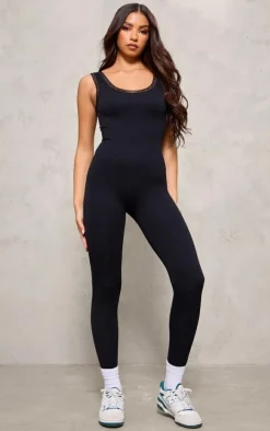 Black Sleeveless Lace Trim Contour Short Sleeve Jumpsuit