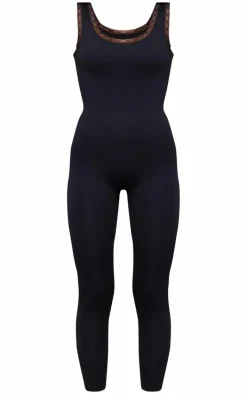 Black Sleeveless Lace Trim Contour Short Sleeve Jumpsuit